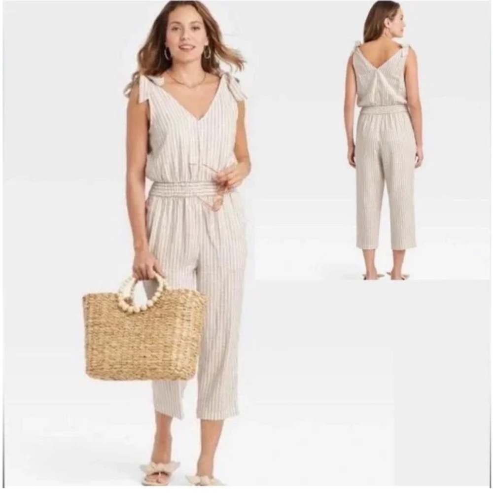 a new day Linen Blend Vertical Striped One Piece Jumpsuit VGUC Size Small